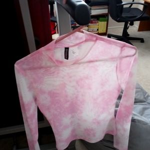 Pink and white long sleeve mesh top